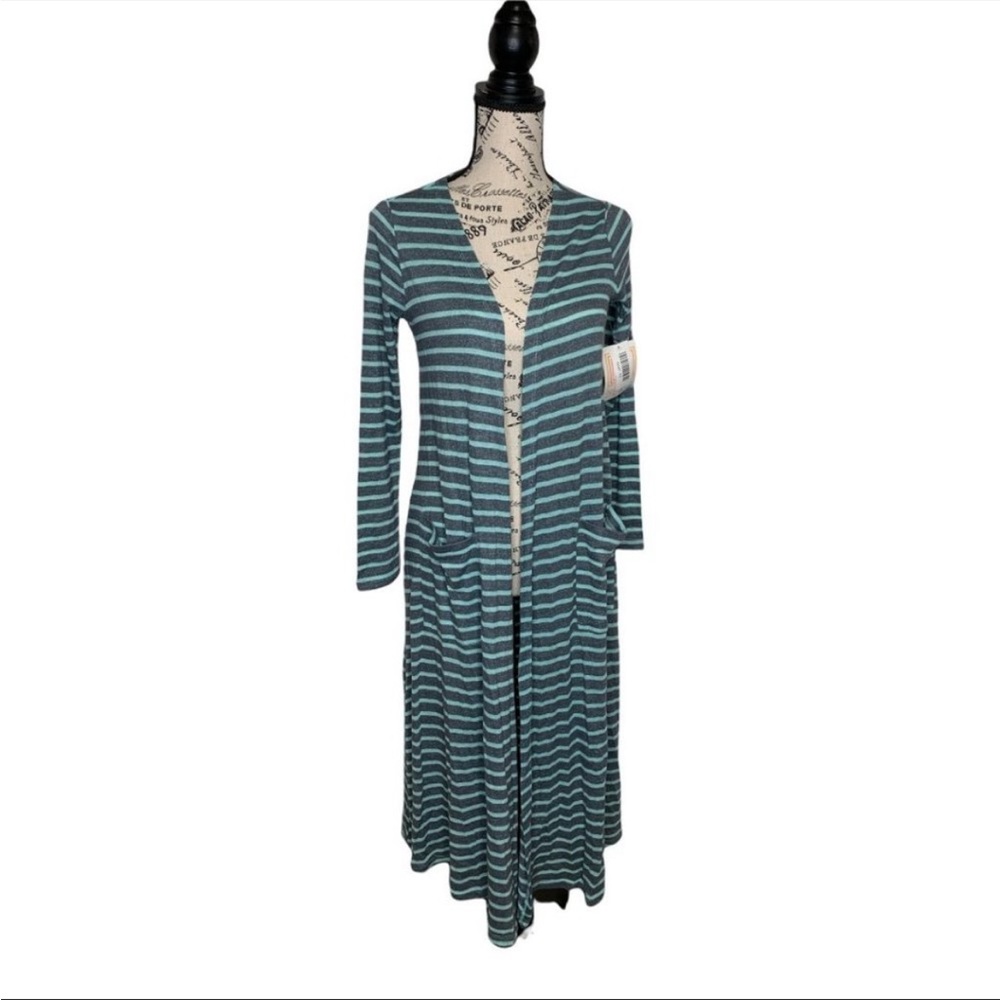 NWT LuLaRoe SARAH Cardigan Duster Women XS Striped Gray Green Long Sleeve Comfy